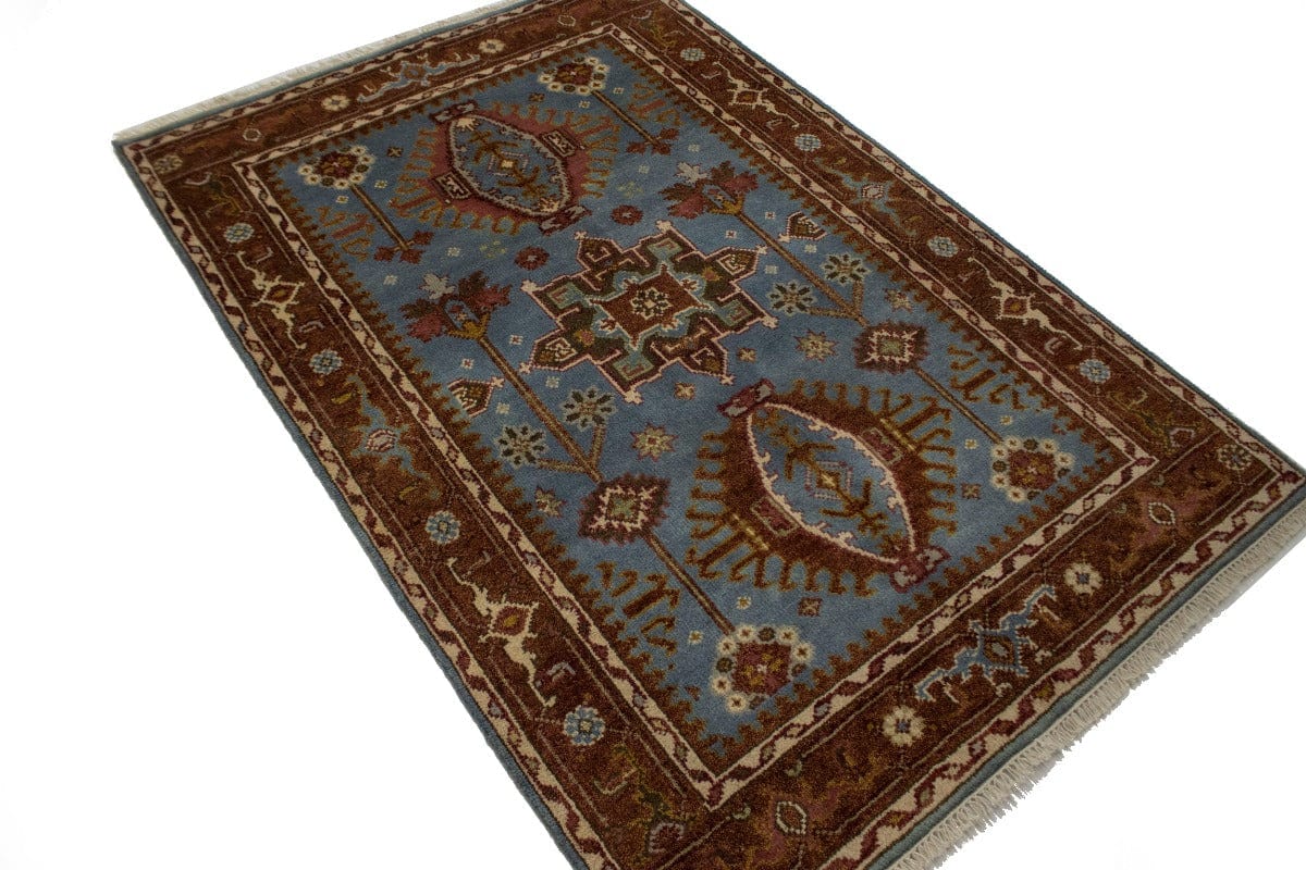 Blue-Gray Geometric 4X6 Indo-Karajeh Oriental Rug