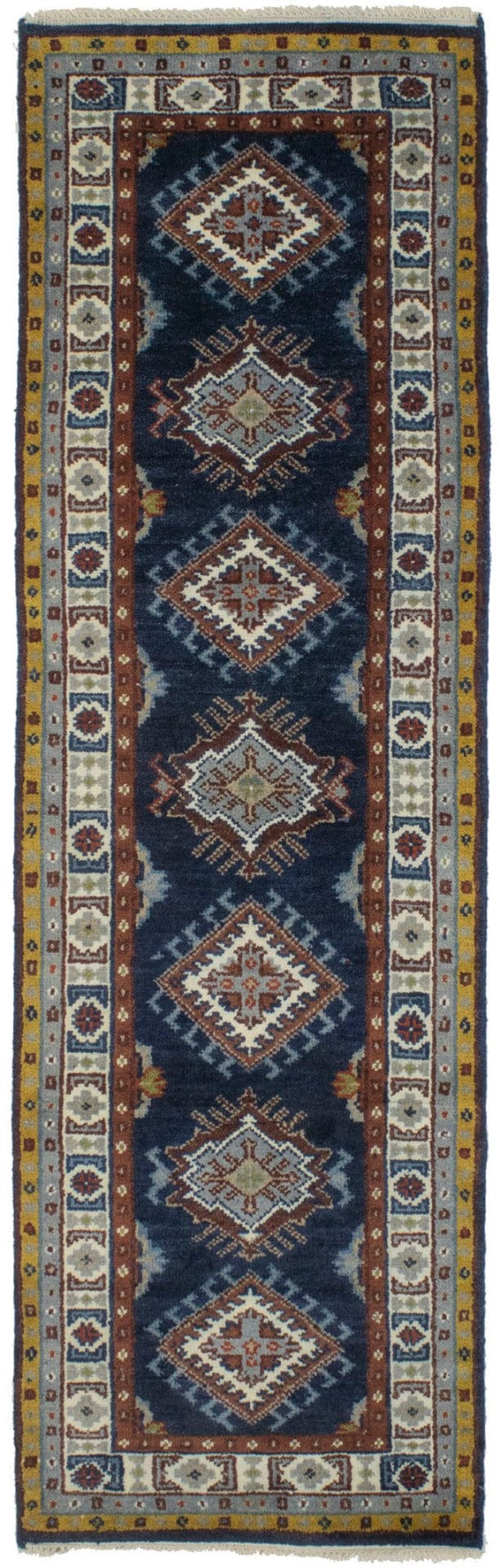 Navy Blue Geometric 2'5X8 Kazak Oriental Runner Rug