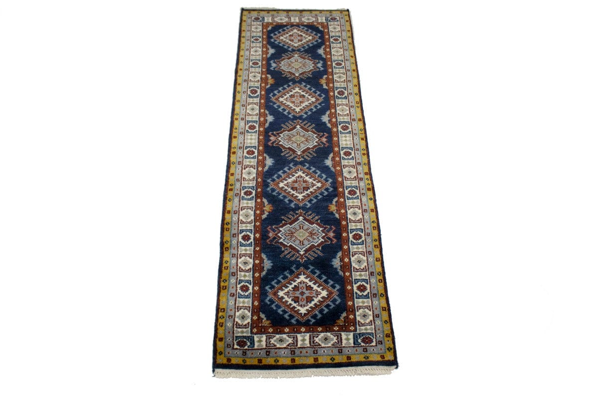 Navy Blue Geometric 2'5X8 Kazak Oriental Runner Rug