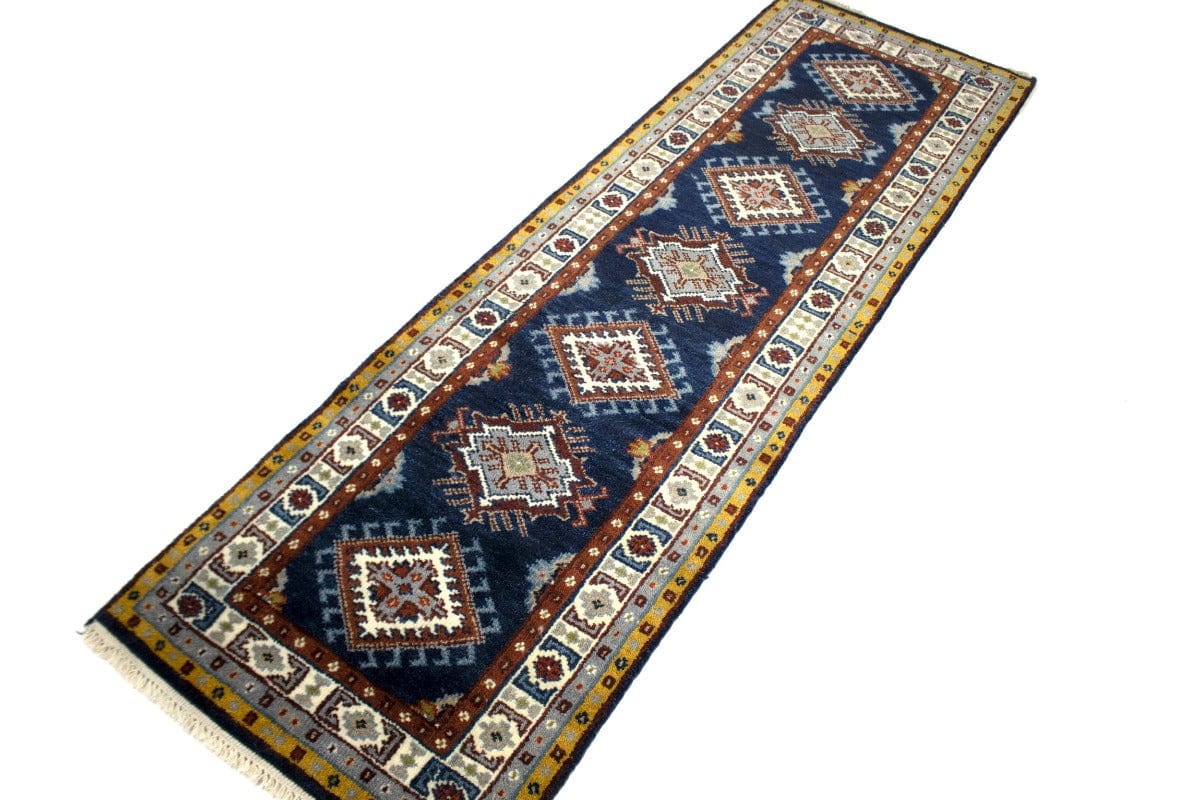 Navy Blue Geometric 2'5X8 Kazak Oriental Runner Rug