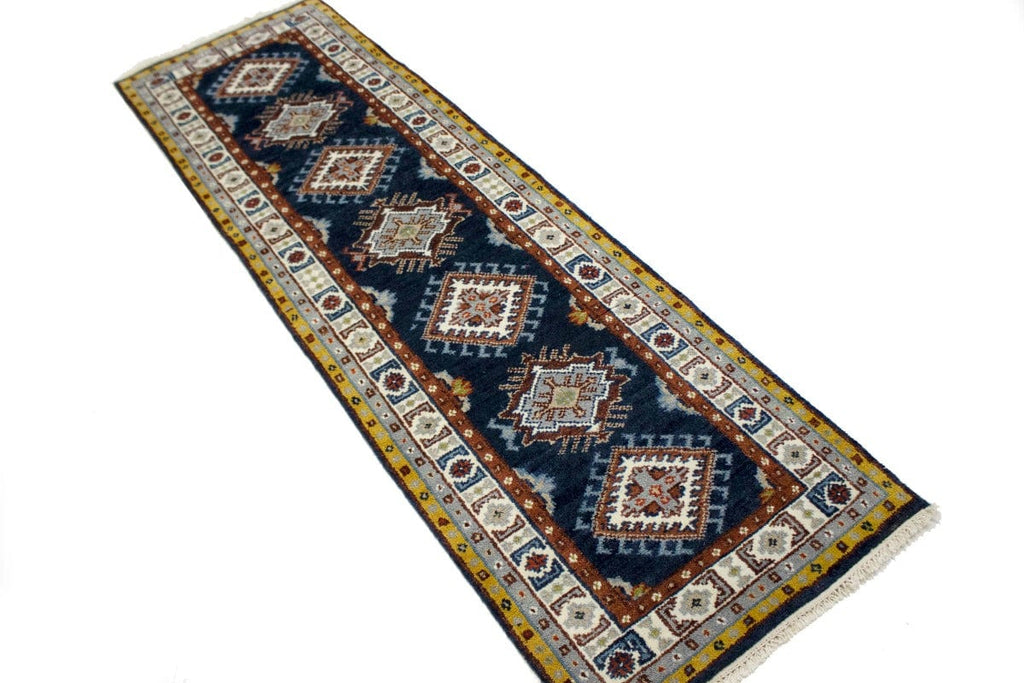 Navy Blue Geometric 2'5X8 Kazak Oriental Runner Rug