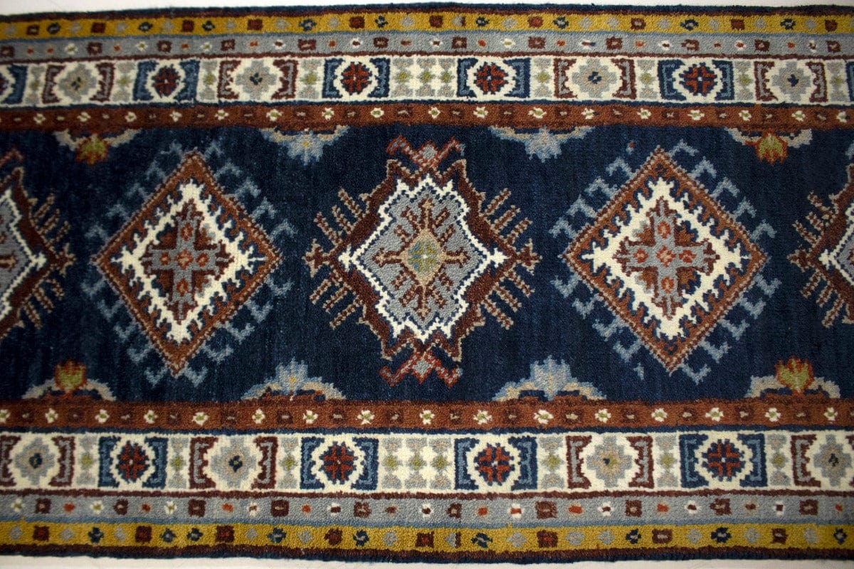 Navy Blue Geometric 2'5X8 Kazak Oriental Runner Rug