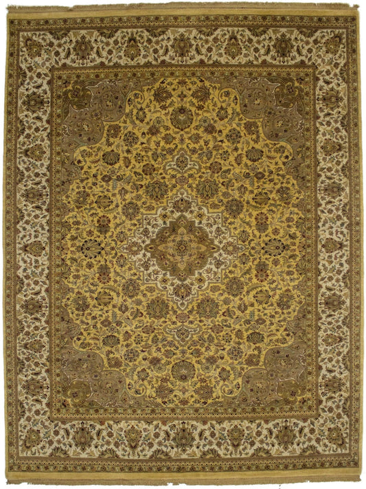 Golden Beige Floral 9X12 Indo-Kashan Oriental Rug