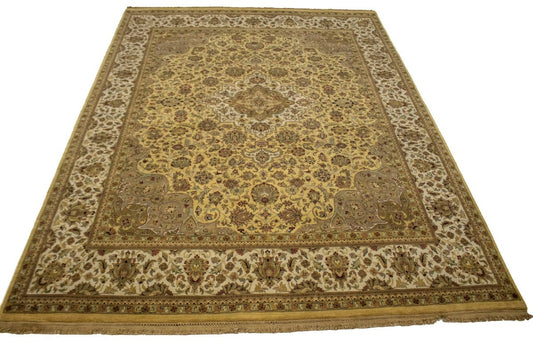 Golden Beige Floral 9X12 Indo-Kashan Oriental Rug