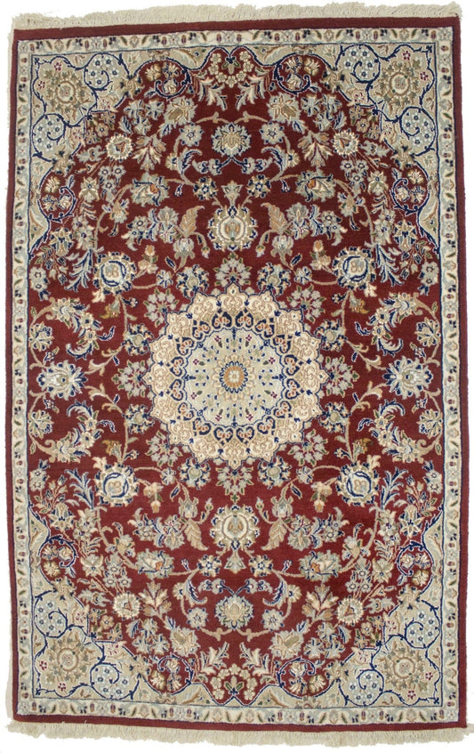 Wine Red Floral 4X6 Indo-Nain Oriental Rug