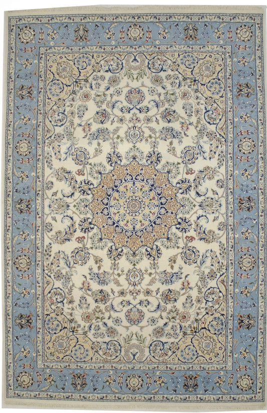 Cream & Light Blue Classic Floral 6X9 Indo-Nain Oriental Rug