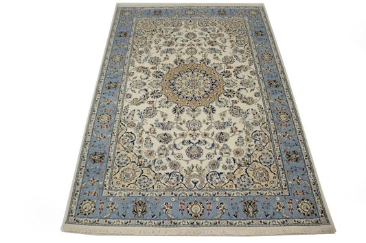 Cream & Light Blue Classic Floral 6X9 Indo-Nain Oriental Rug