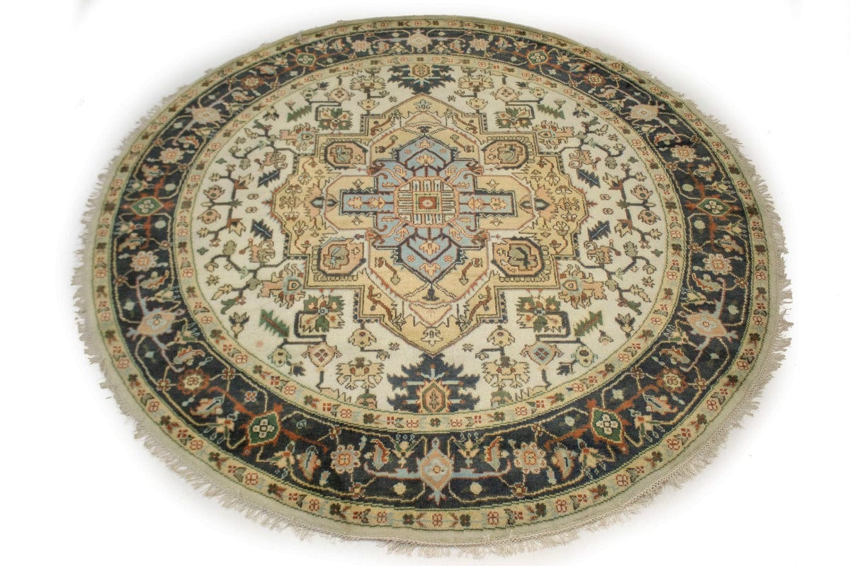 Cream & Hale Navy Tribal 10X10 Heriz Serapi Oriental Round Rug