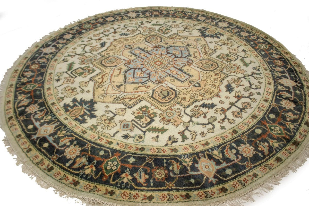 Cream & Hale Navy Tribal 10X10 Heriz Serapi Oriental Round Rug