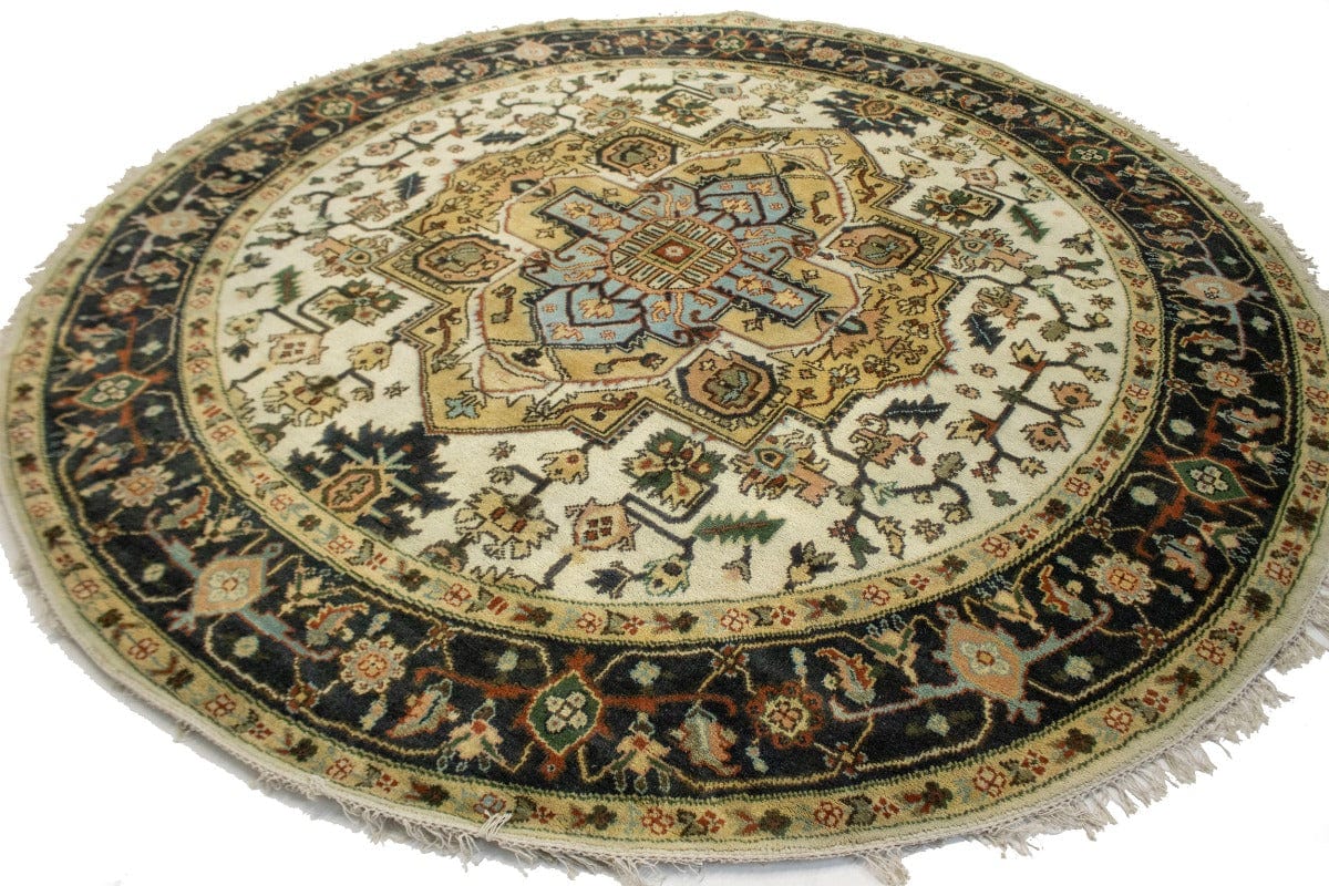 Cream & Hale Navy Tribal 10X10 Heriz Serapi Oriental Round Rug