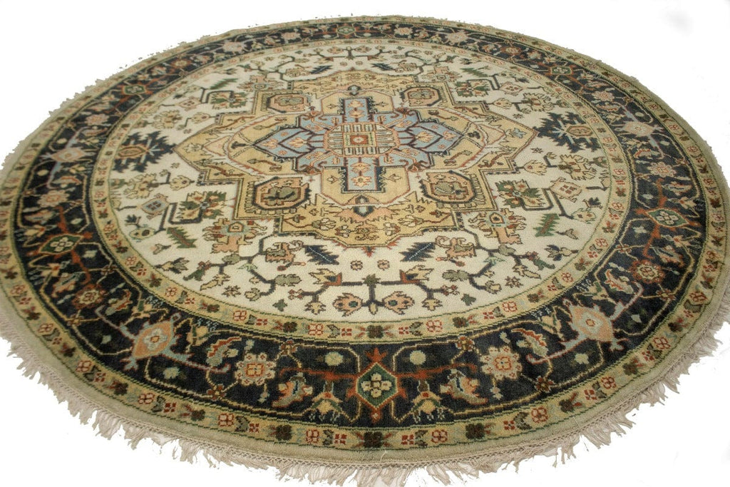 Cream & Hale Navy Tribal 10X10 Heriz Serapi Oriental Round Rug