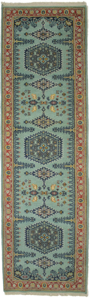 Light Teal Tribal 2'6X8'3 Indo-Viss Oriental Runner Rug