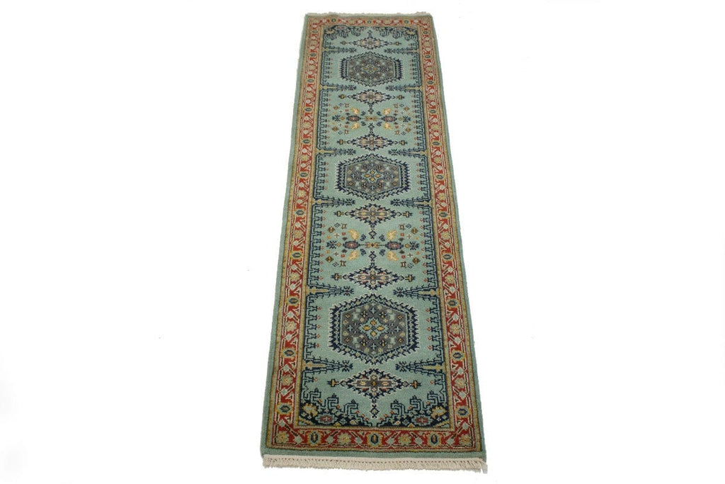 Light Teal Tribal 2'6X8'3 Indo-Viss Oriental Runner Rug