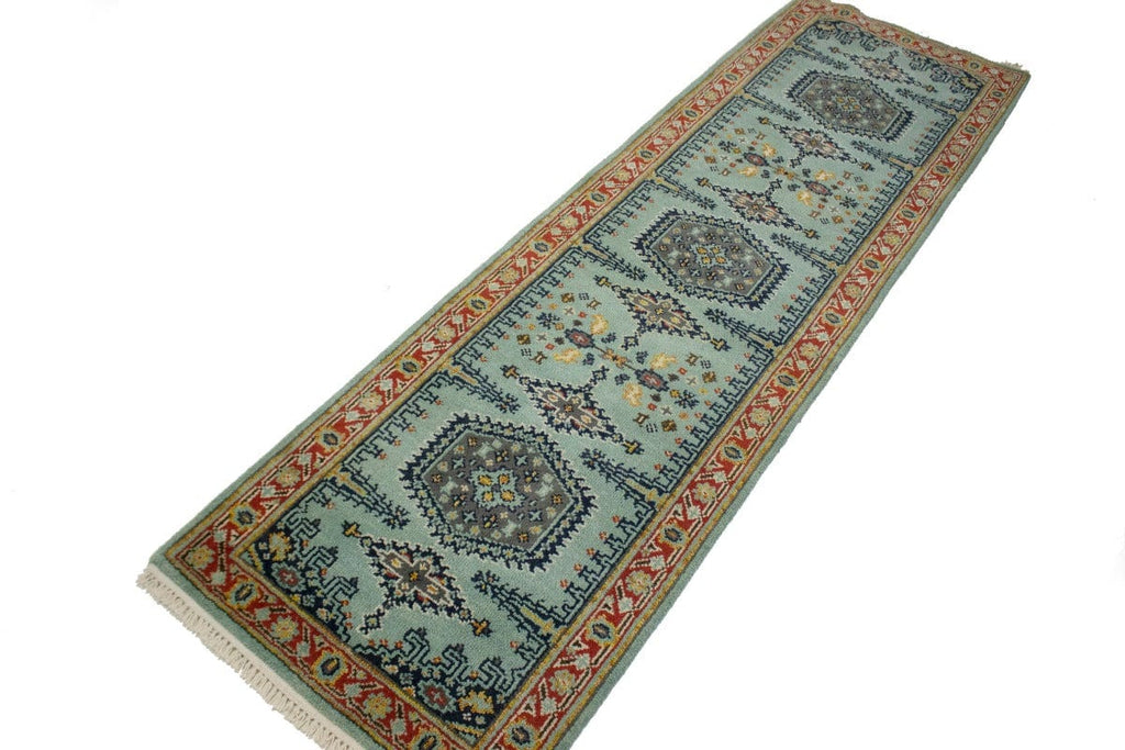 Light Teal Tribal 2'6X8'3 Indo-Viss Oriental Runner Rug