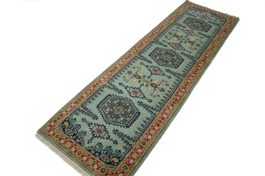 Light Teal Tribal 2'6X8'3 Indo-Viss Oriental Runner Rug