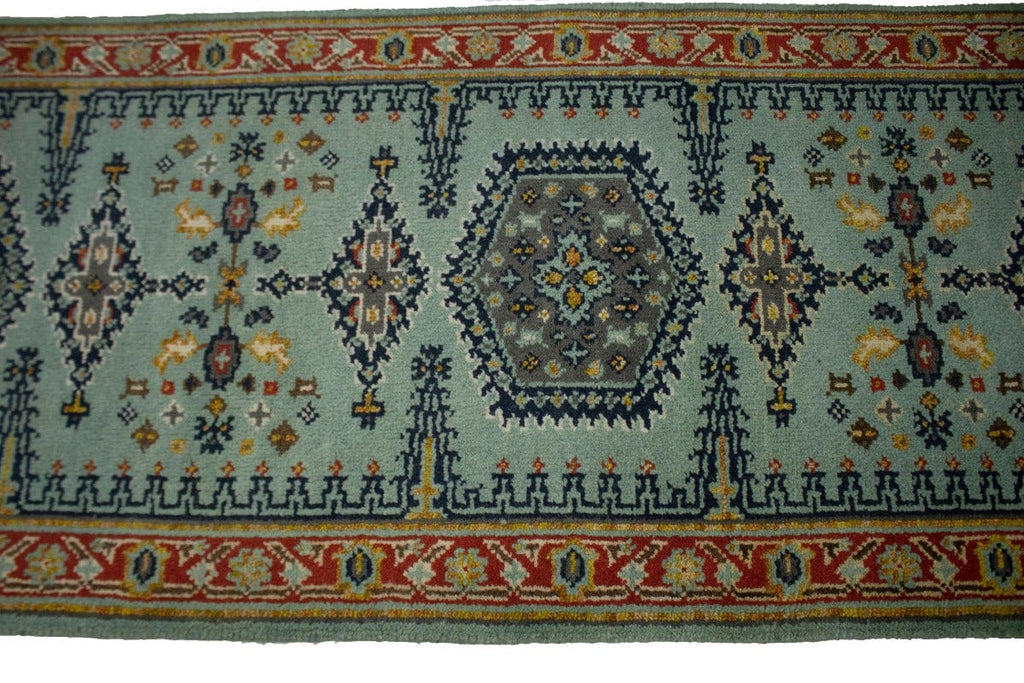 Light Teal Tribal 2'6X8'3 Indo-Viss Oriental Runner Rug