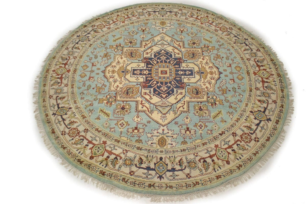 Light Blue Traditional 10X10 Heriz Serapi Oriental Round Rug