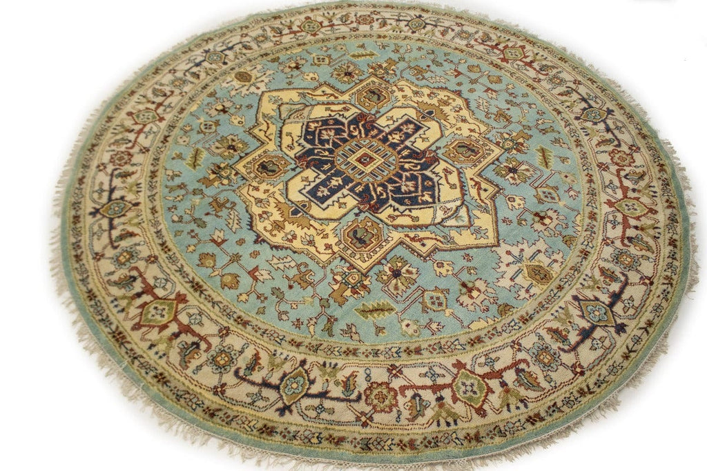 Light Blue Traditional 10X10 Heriz Serapi Oriental Round Rug