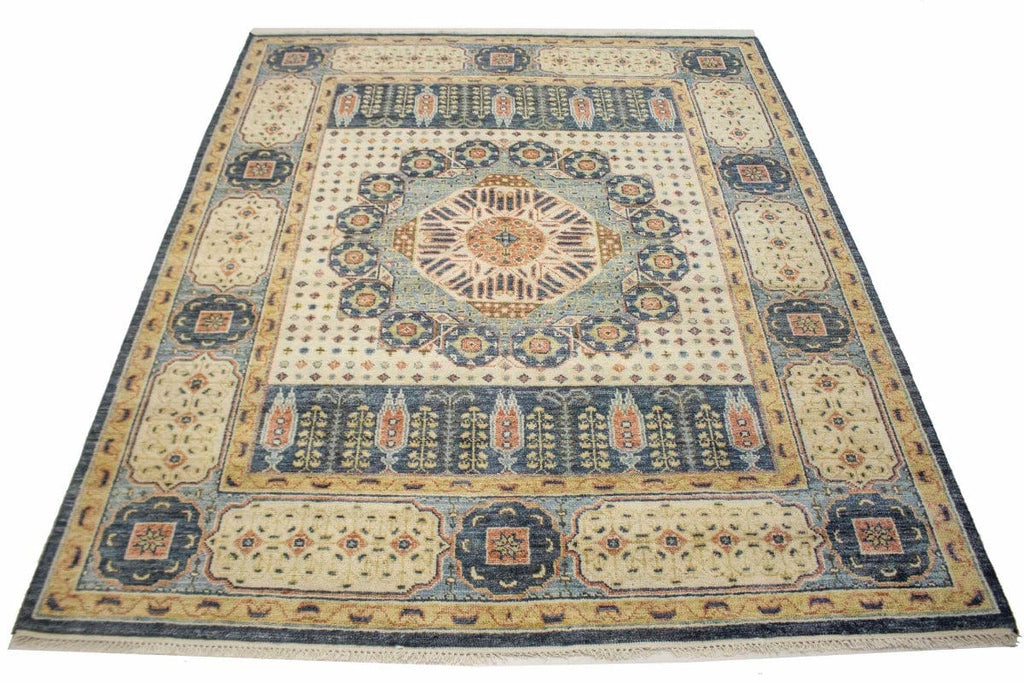 Cream & Charcoal Blue Geometric 8X10 Mamluk Oriental Rug