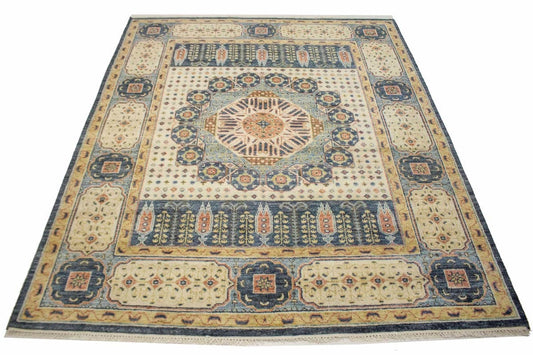 Cream & Charcoal Blue Geometric 8X10 Mamluk Oriental Rug