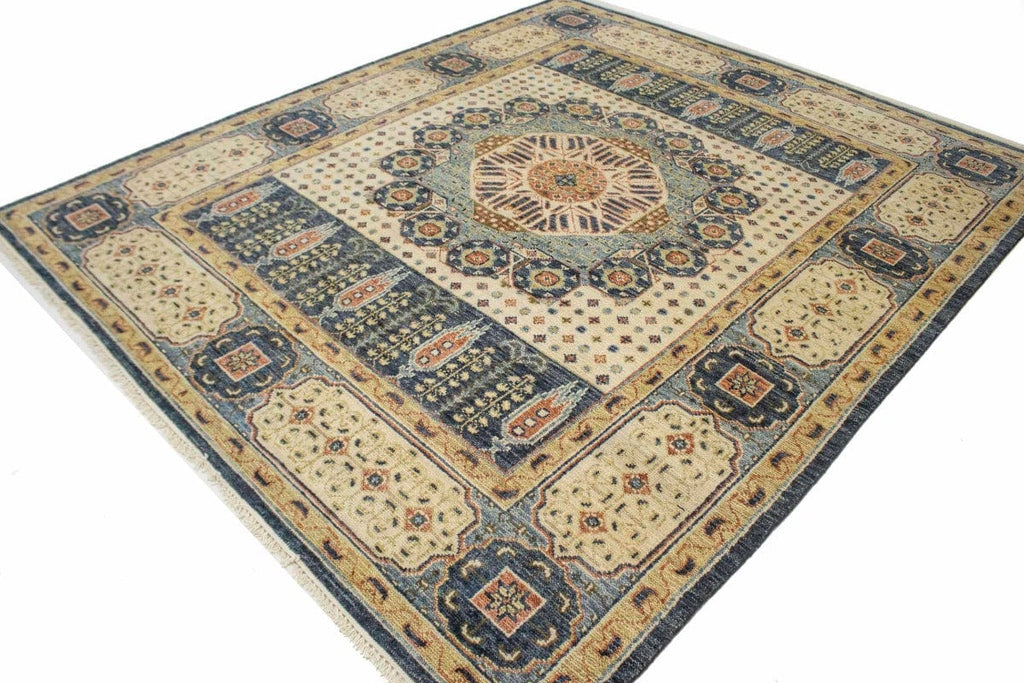 Cream & Charcoal Blue Geometric 8X10 Mamluk Oriental Rug