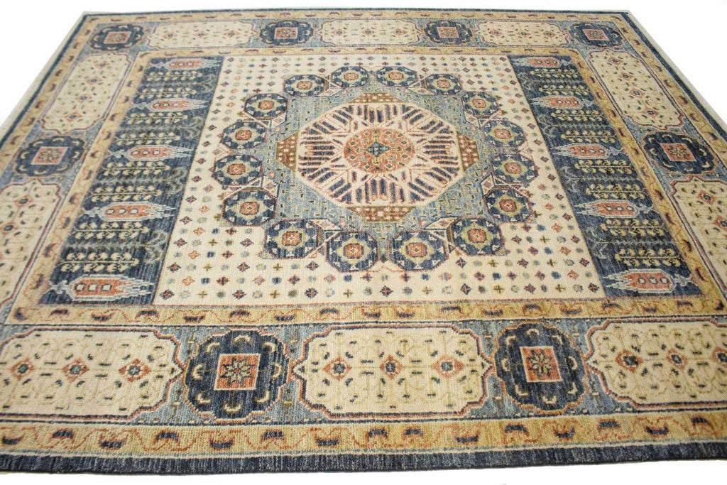 Cream & Charcoal Blue Geometric 8X10 Mamluk Oriental Rug