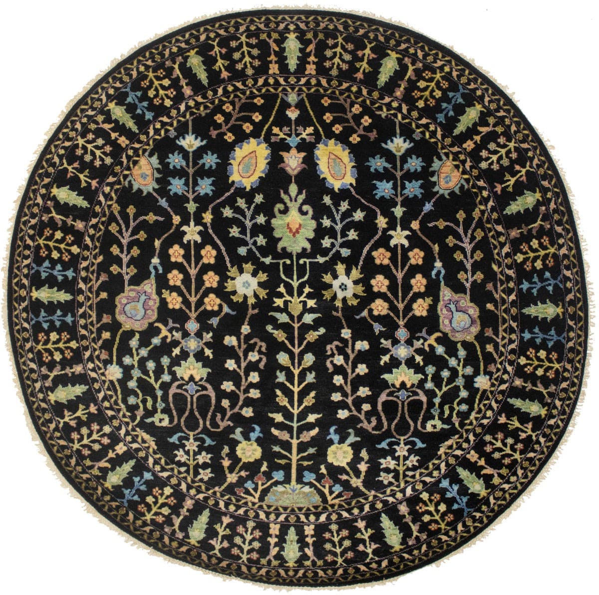 Black Floral 8X8 Osh Chobi Oriental Round Rug