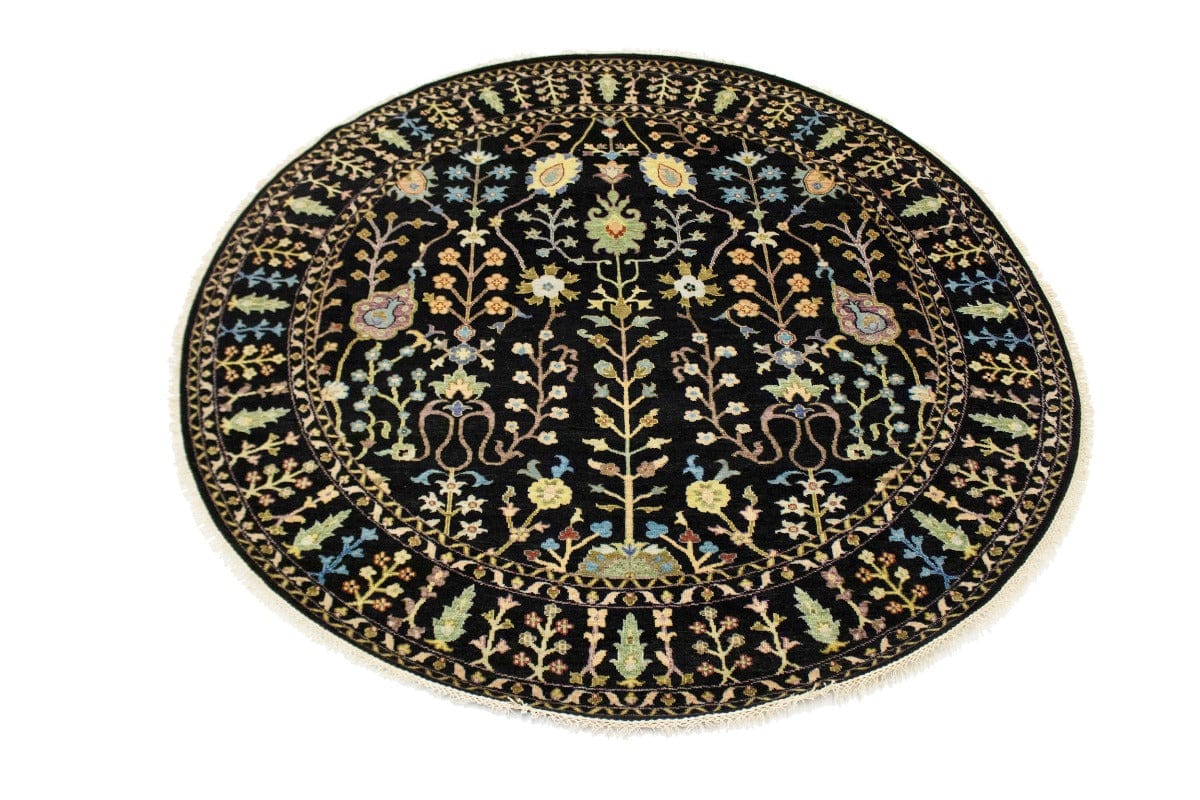 Black Floral 8X8 Osh Chobi Oriental Round Rug