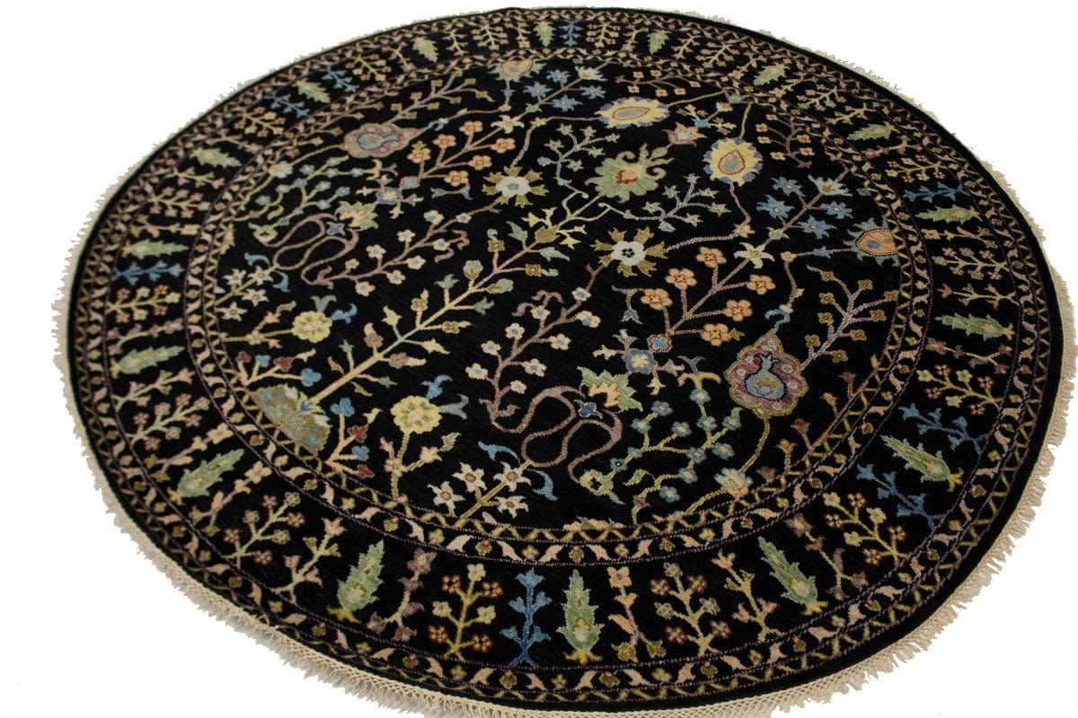 Black Floral 8X8 Osh Chobi Oriental Round Rug