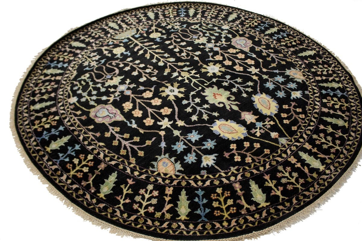 Black Floral 8X8 Osh Chobi Oriental Round Rug