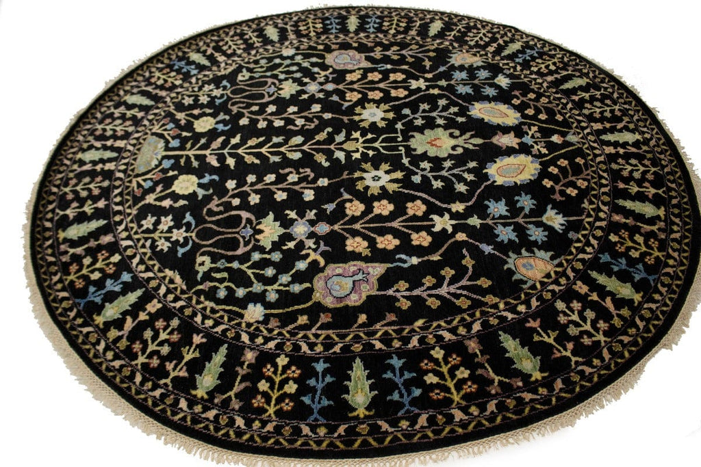 Black Floral 8X8 Osh Chobi Oriental Round Rug