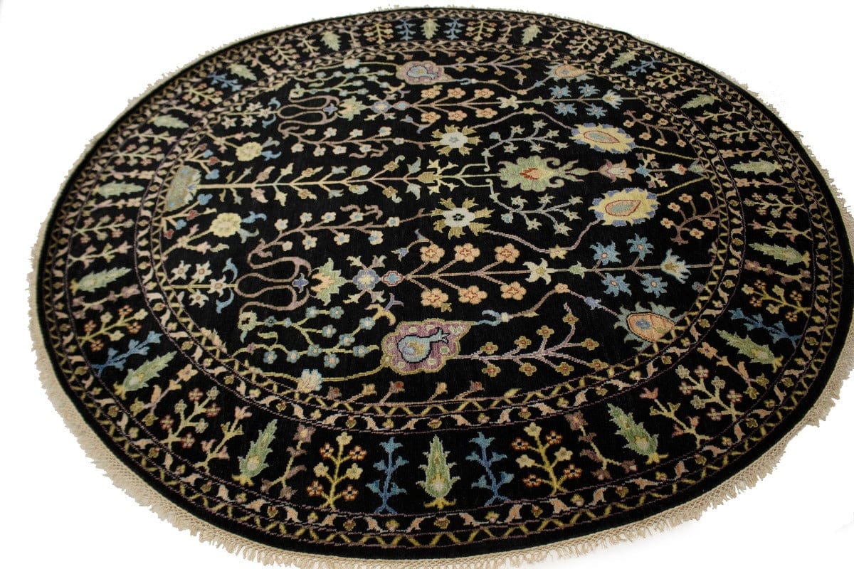 Black Floral 8X8 Osh Chobi Oriental Round Rug