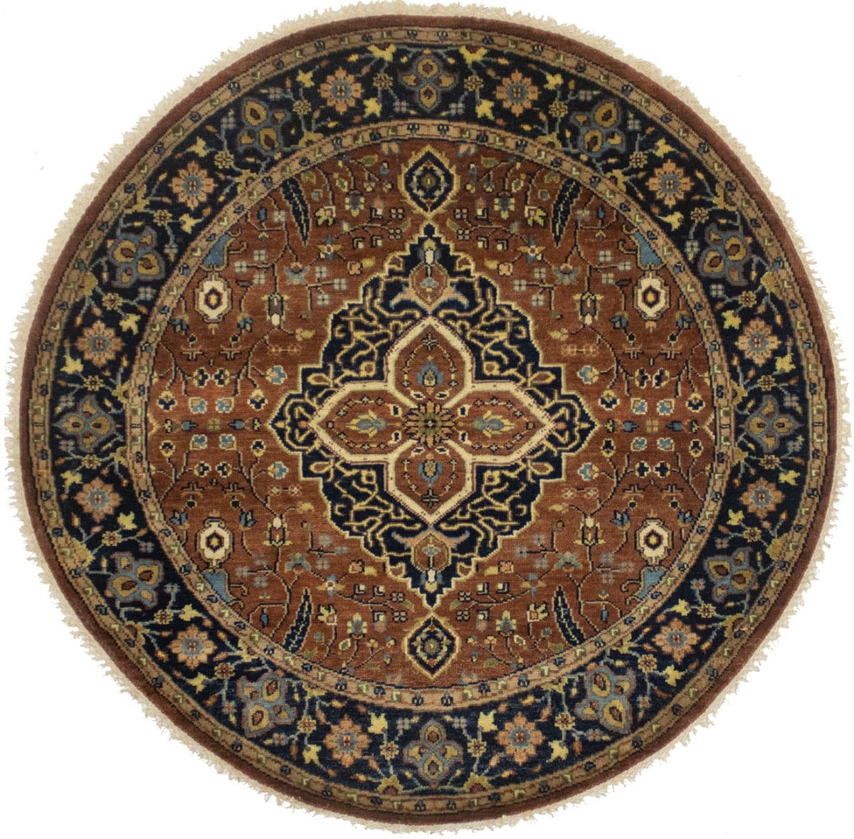 Rust & Navy Floral 5X5 Heriz Serapi Oriental Round Rug