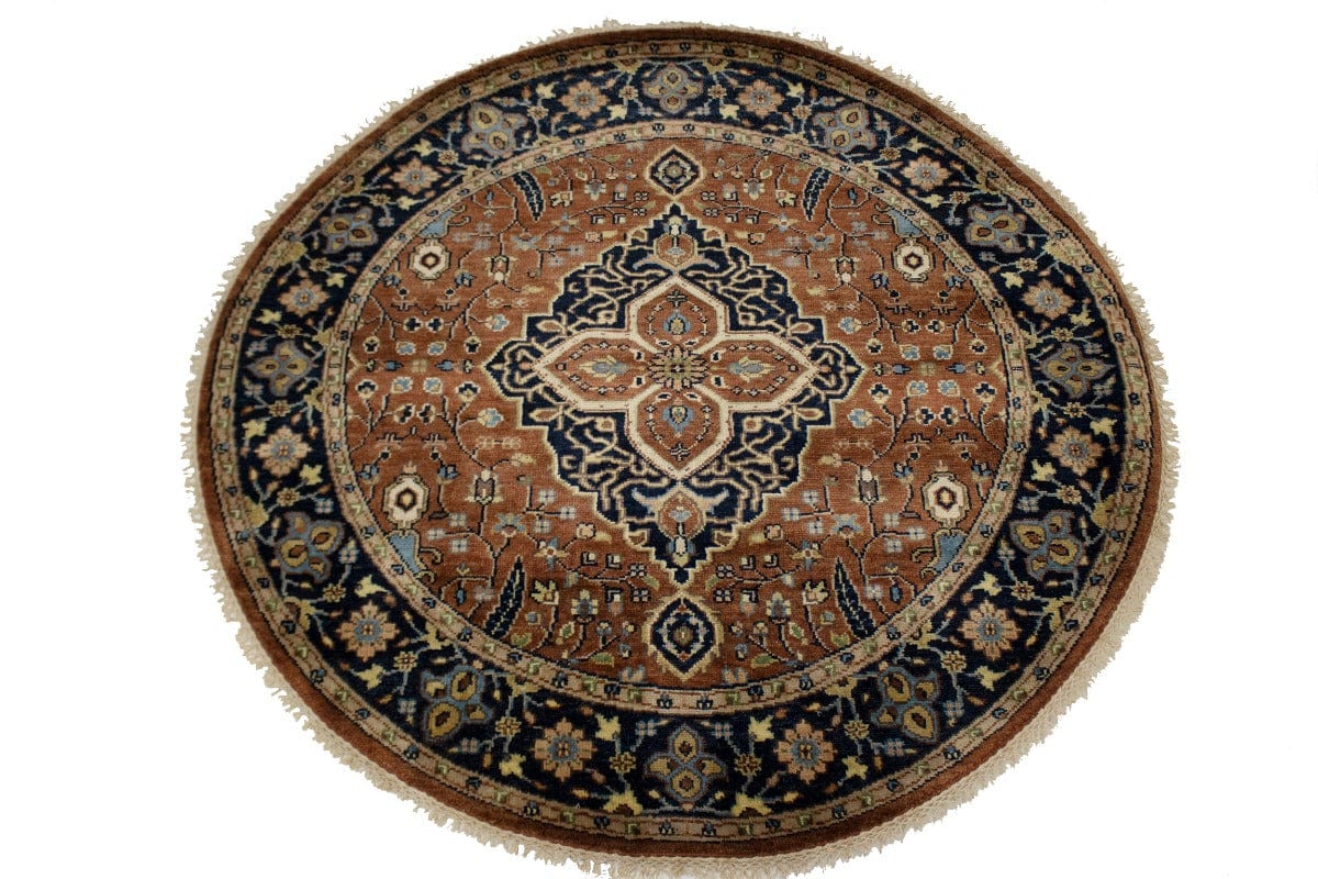 Rust & Navy Floral 5X5 Heriz Serapi Oriental Round Rug