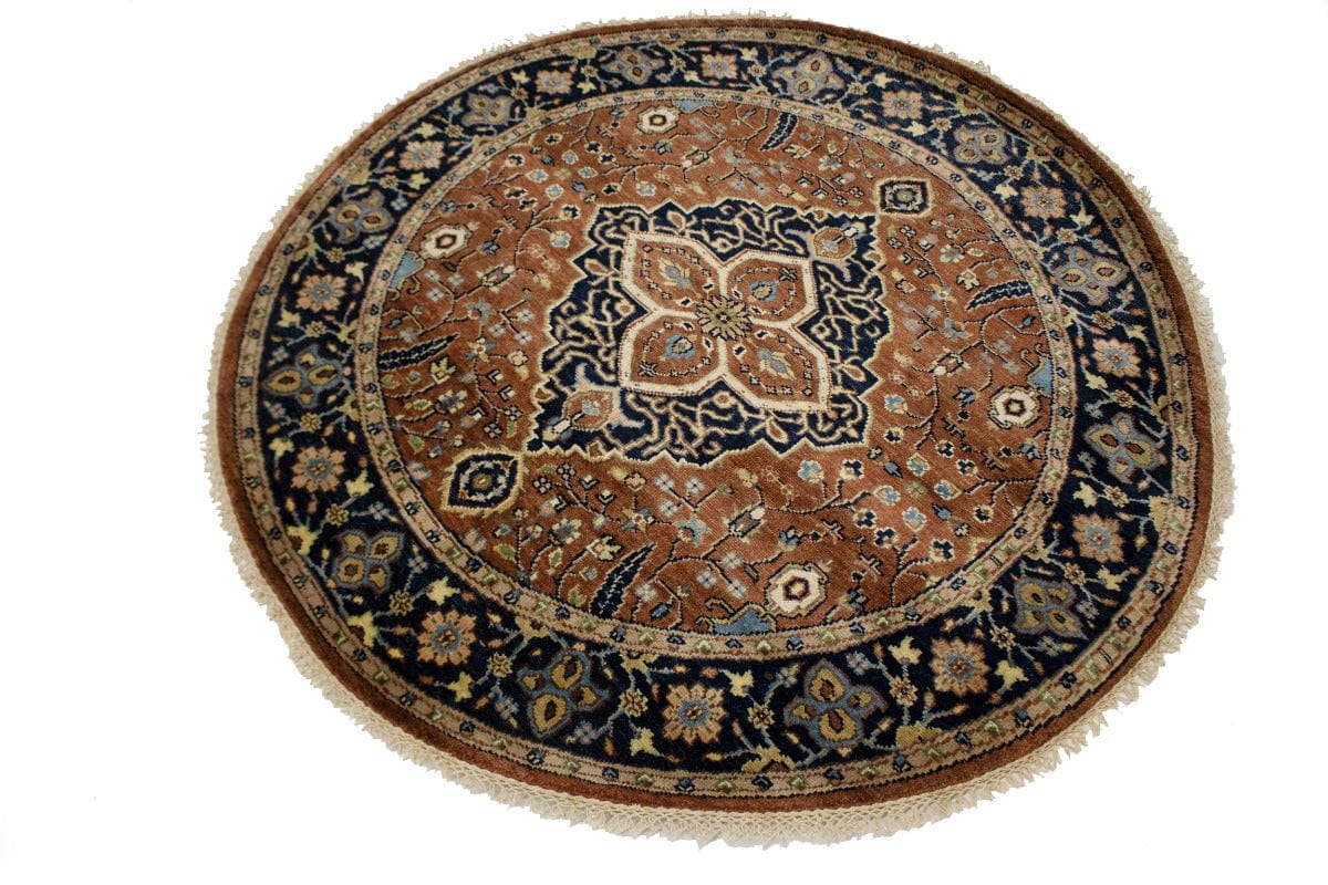 Rust & Navy Floral 5X5 Heriz Serapi Oriental Round Rug