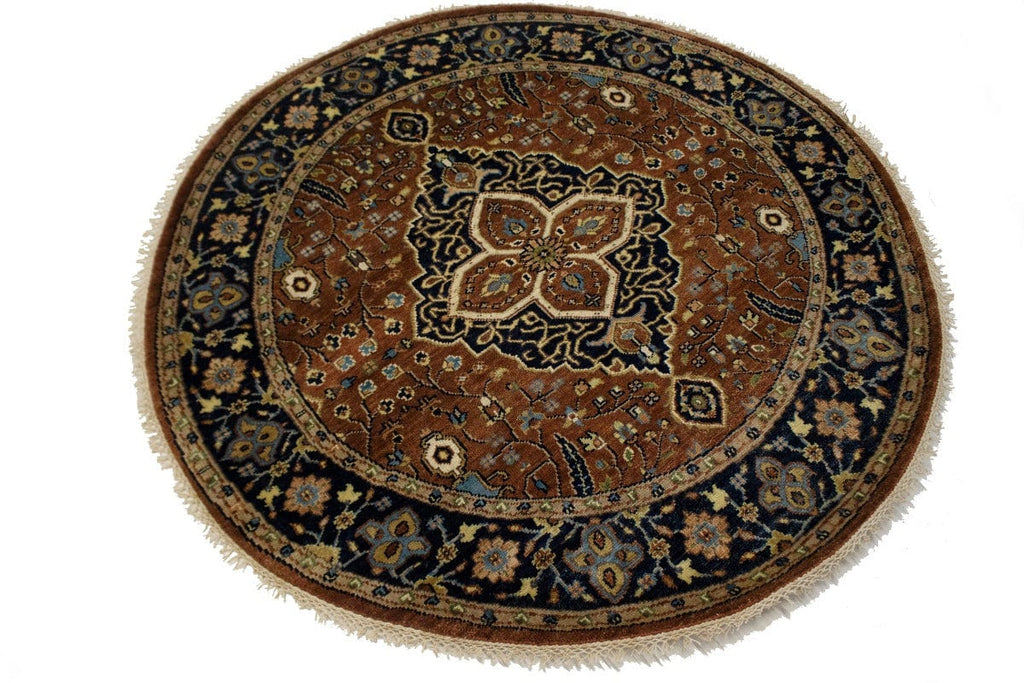 Rust & Navy Floral 5X5 Heriz Serapi Oriental Round Rug