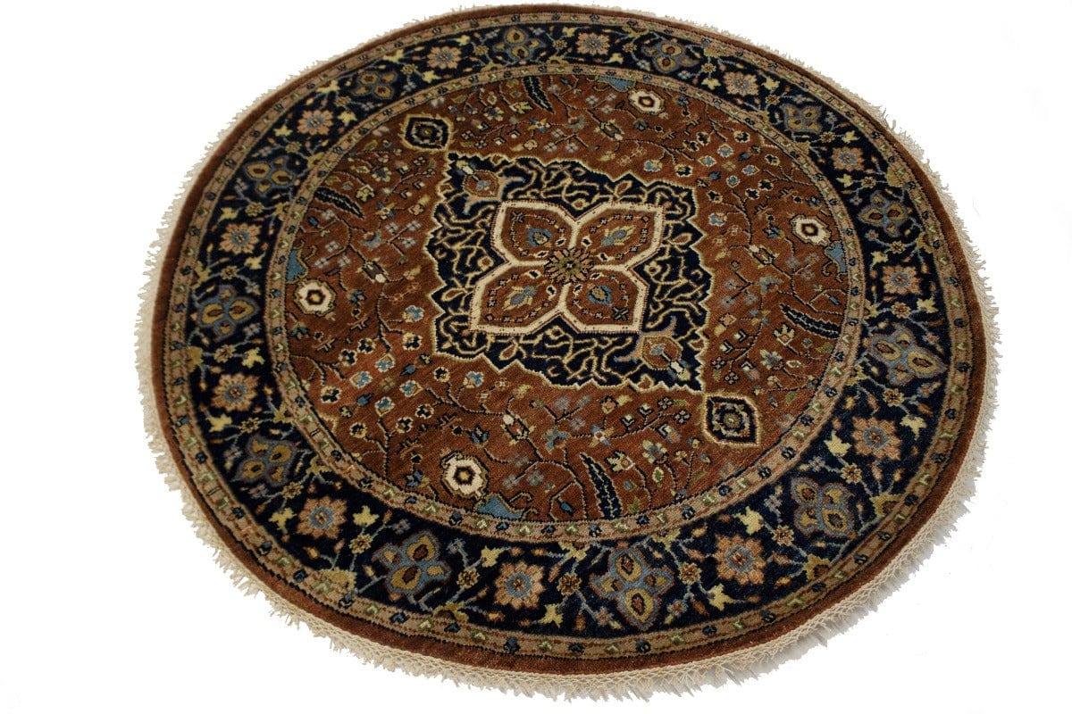 Rust & Navy Floral 5X5 Heriz Serapi Oriental Round Rug