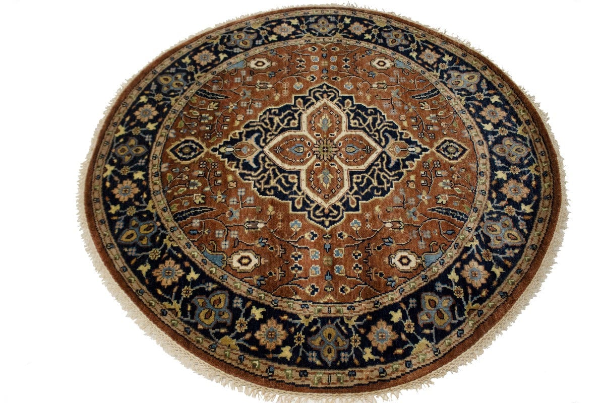 Rust & Navy Floral 5X5 Heriz Serapi Oriental Round Rug