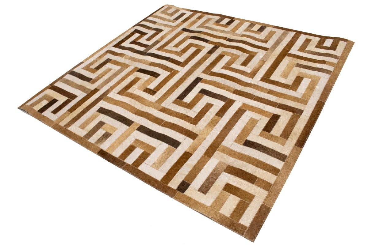 Brown Beige Cowhide 6X6 Modern Leather Square Rug