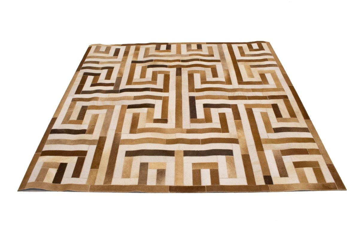 Brown Beige Cowhide 6X6 Modern Leather Square Rug