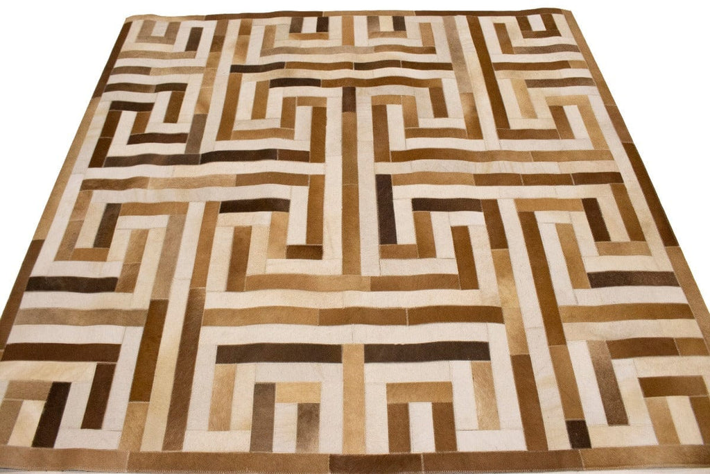 Brown Beige Cowhide 6X6 Modern Leather Square Rug