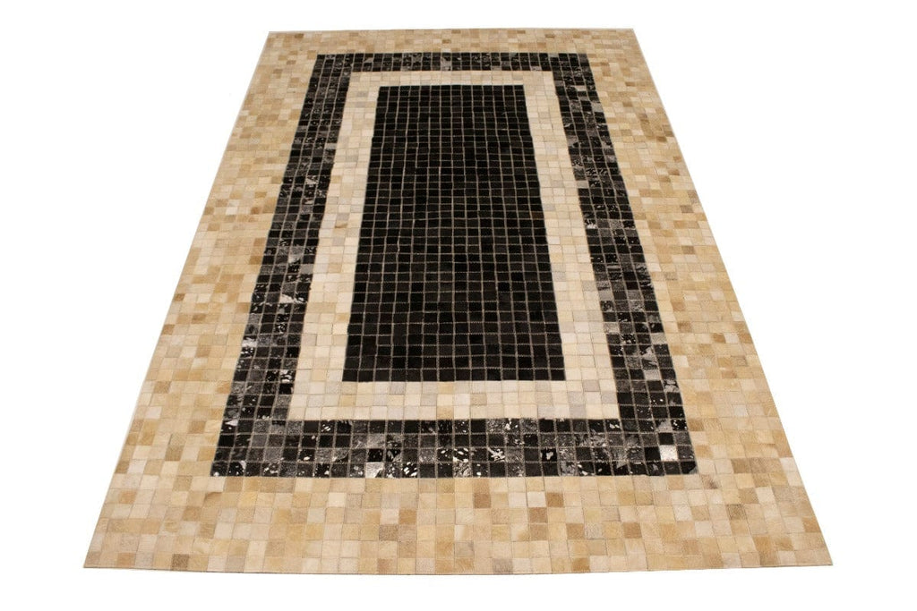 Black Beige Cowhide 5X8 Modern Leather Rug