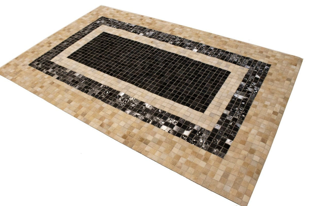 Black Beige Cowhide 5X8 Modern Leather Rug