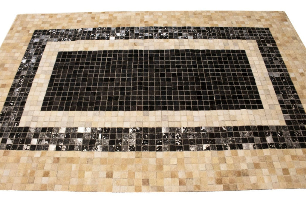 Black Beige Cowhide 5X8 Modern Leather Rug