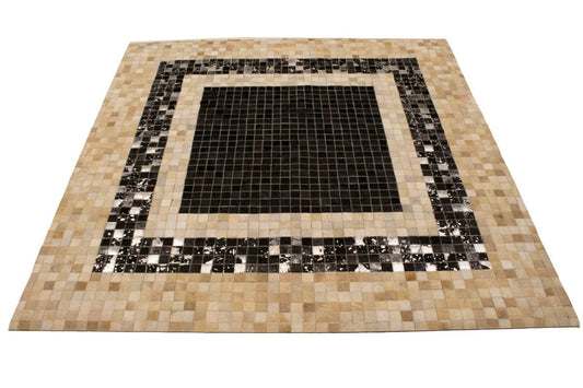 Black Beige Cowhide 6X6 Modern Leather Square Rug