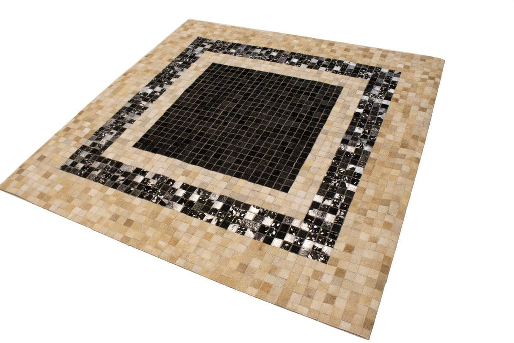 Black Beige Cowhide 6X6 Modern Leather Square Rug