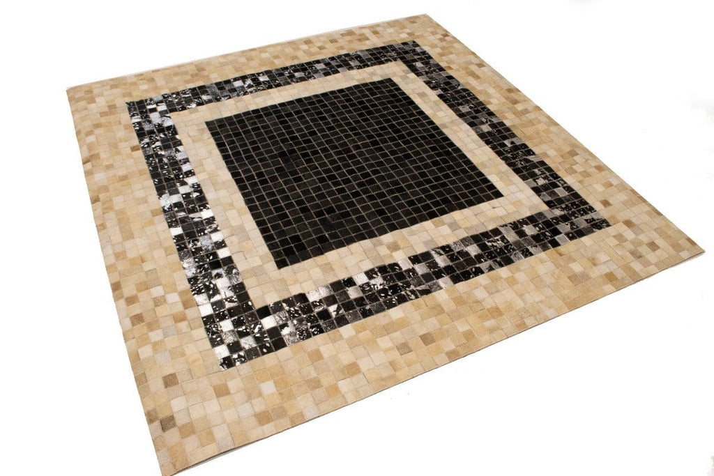 Black Beige Cowhide 6X6 Modern Leather Square Rug