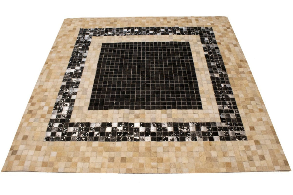 Black Beige Cowhide 6X6 Modern Leather Square Rug