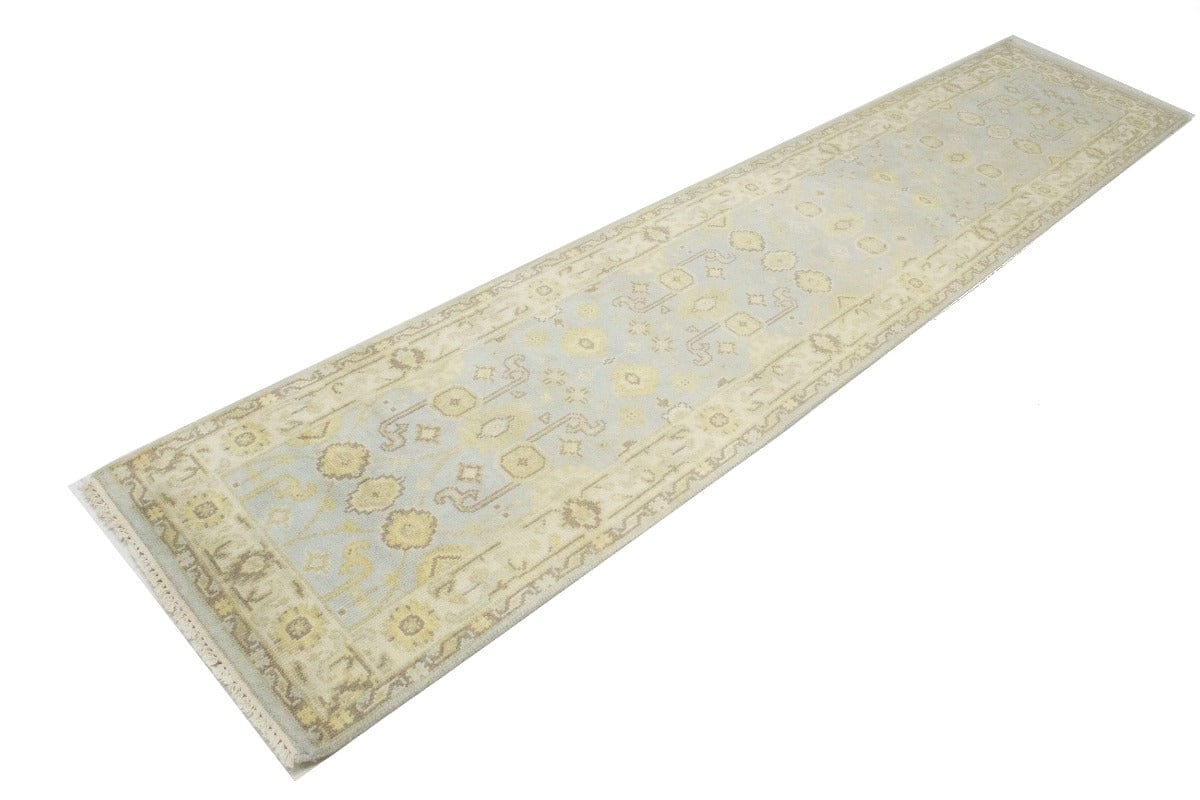 Light Blue-gray Floral 3X12 Oushak Chobi Oriental Runner Rug