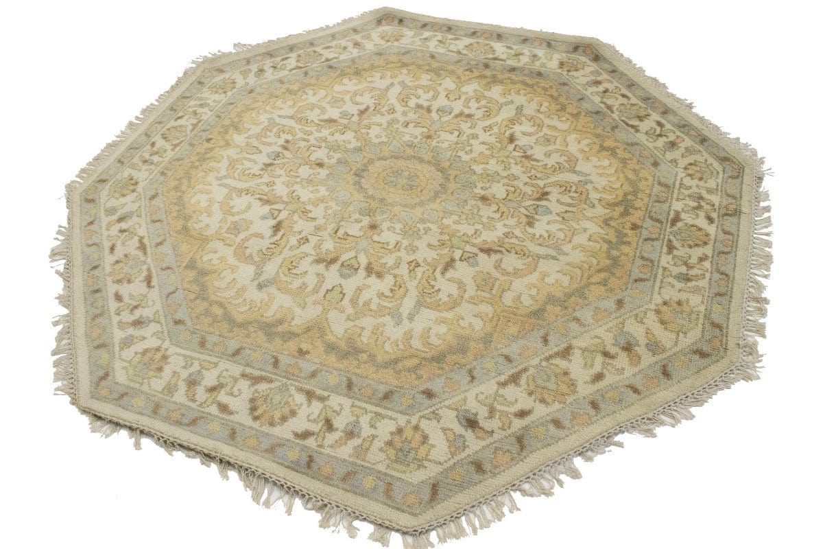 Cream Floral 6X6 Oushak Oriental Octagon Rug